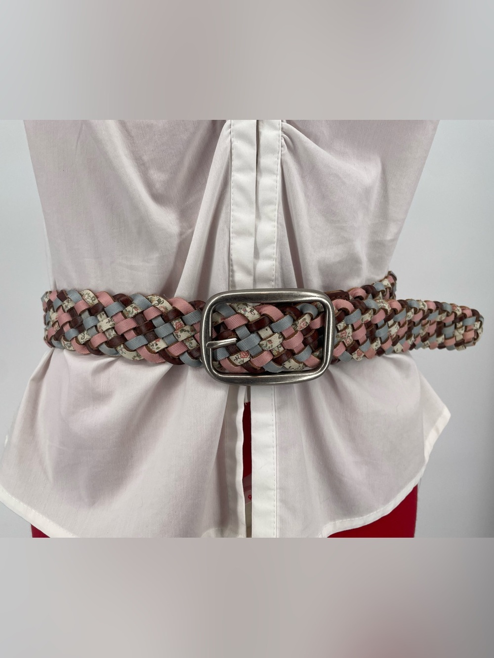 Cottagecore Y2K Leather & Mixed Fabric, Floral Woven Bohemian Belt Silver Buckle